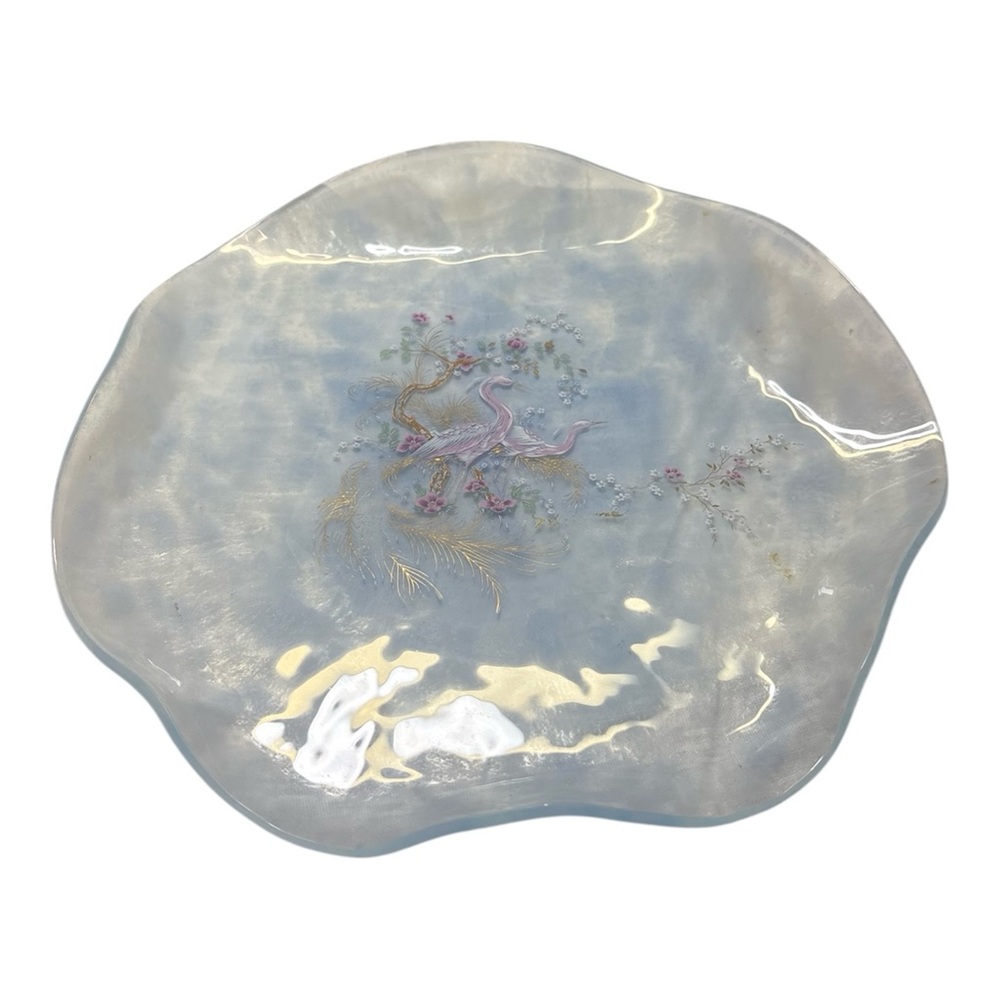 Blue Glass Plate Hand Painted Pink Crane Bird Gold Wave Vintage 9” Across